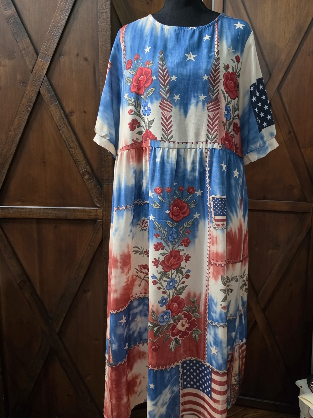 Patriotic Floral Midi Dress in Red, White & Blue